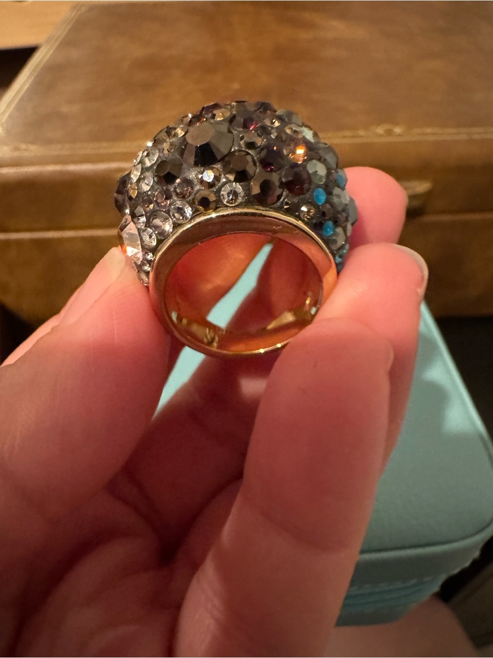 Swarovski Gold Dome Cocktail Ring with Blue, Smoky and Clear Crystals Size 5/6